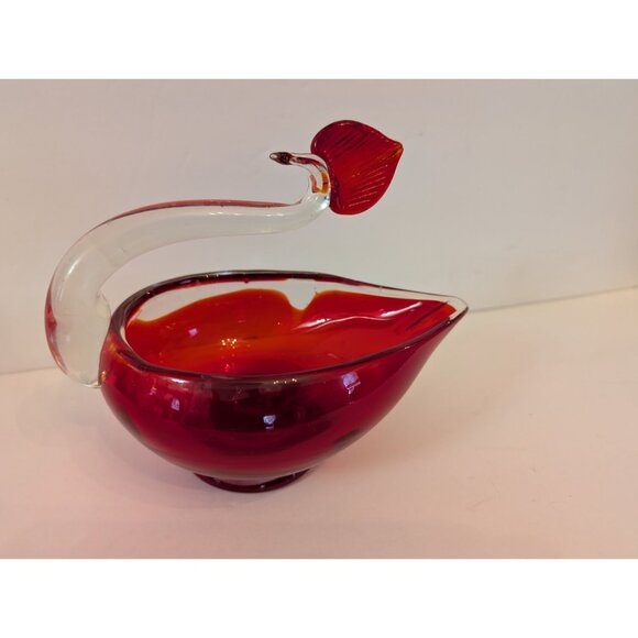 Murano-Style Red & Clear Glass Swan Bowl Sculpture 6" Tall Decorative Collectibl - Picture 1 of 7